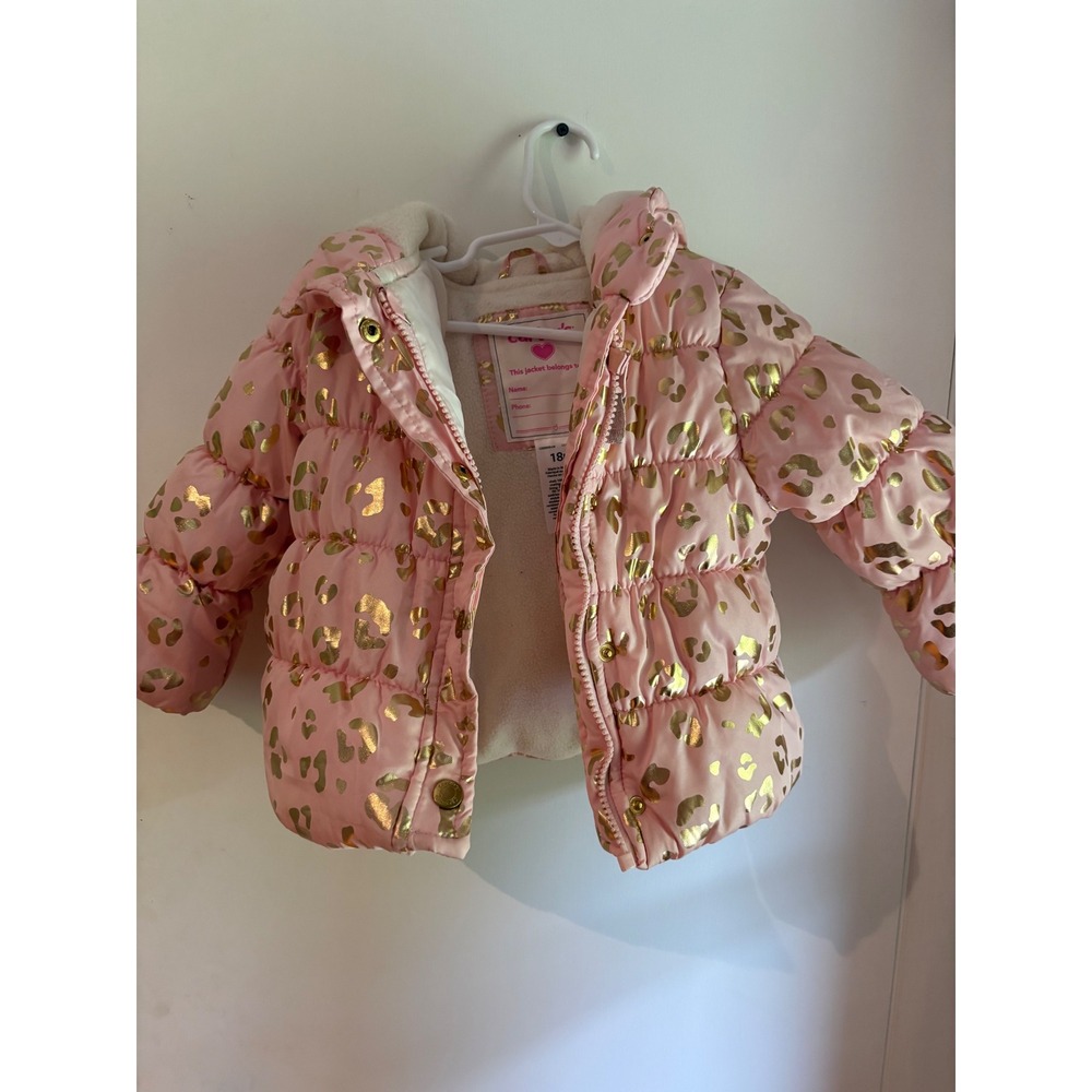 Carters Baby Girl Pink Gold Foil Leopard Puffer Jacket Fleece Lined Hooded 18M
